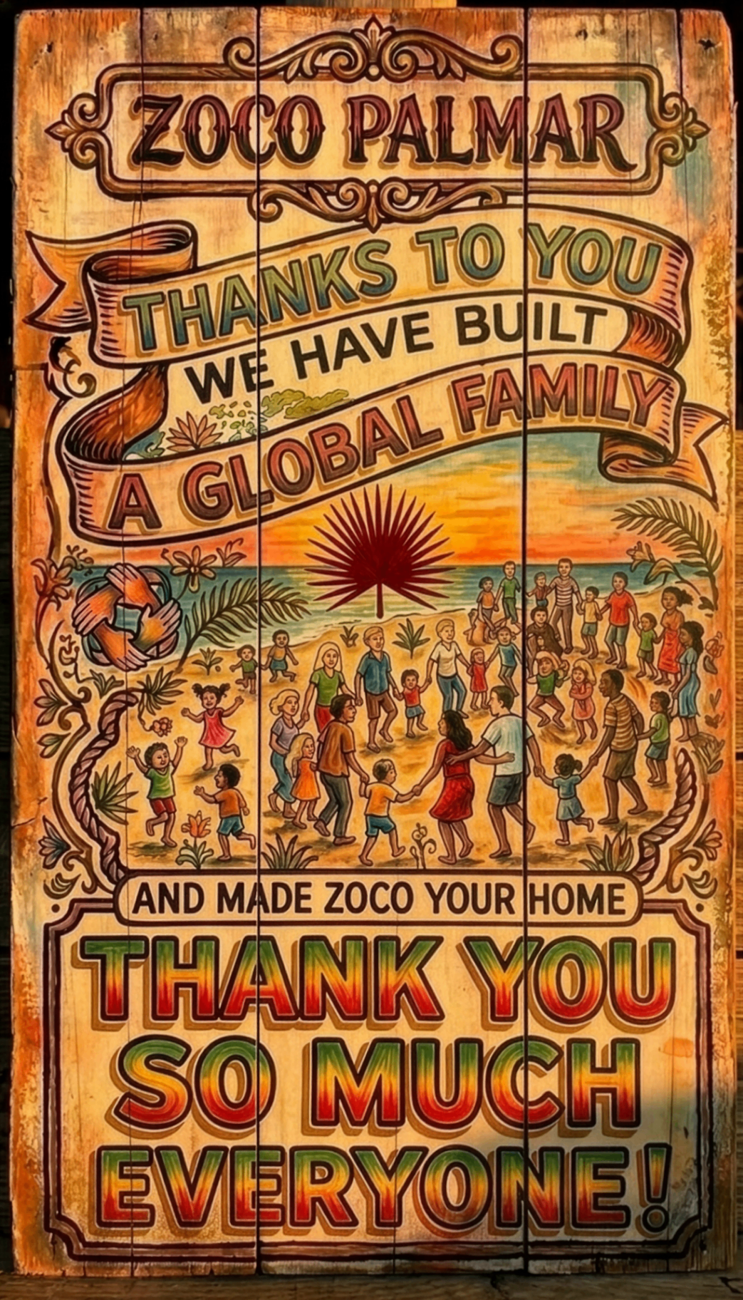 Cartel de agradecimiento en inglés de Zoco Palmar